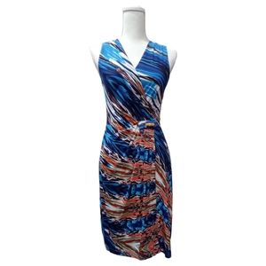 Robbie Bee Tropical Vibe Mock Wrap V-Neck Ruched Waist Sleeveless Dress Sz S